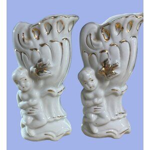 Wall Pocket Vase Boy holding Bird Lustreware white gold 4" Vintage White & Gold